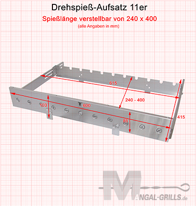 Masse des Drehspiess-Aufsatz 11er - Edelstahl für 11 Spiesse geeignet Masse des Drehspiess-Aufsatz 11er - Edelstahl für 11 Spiesse geeignet