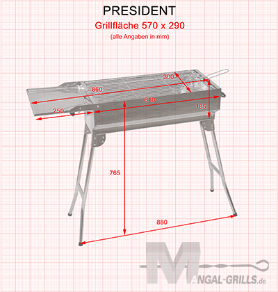 Masse des Mangal Grills President - Klappbar aus Edelstahl