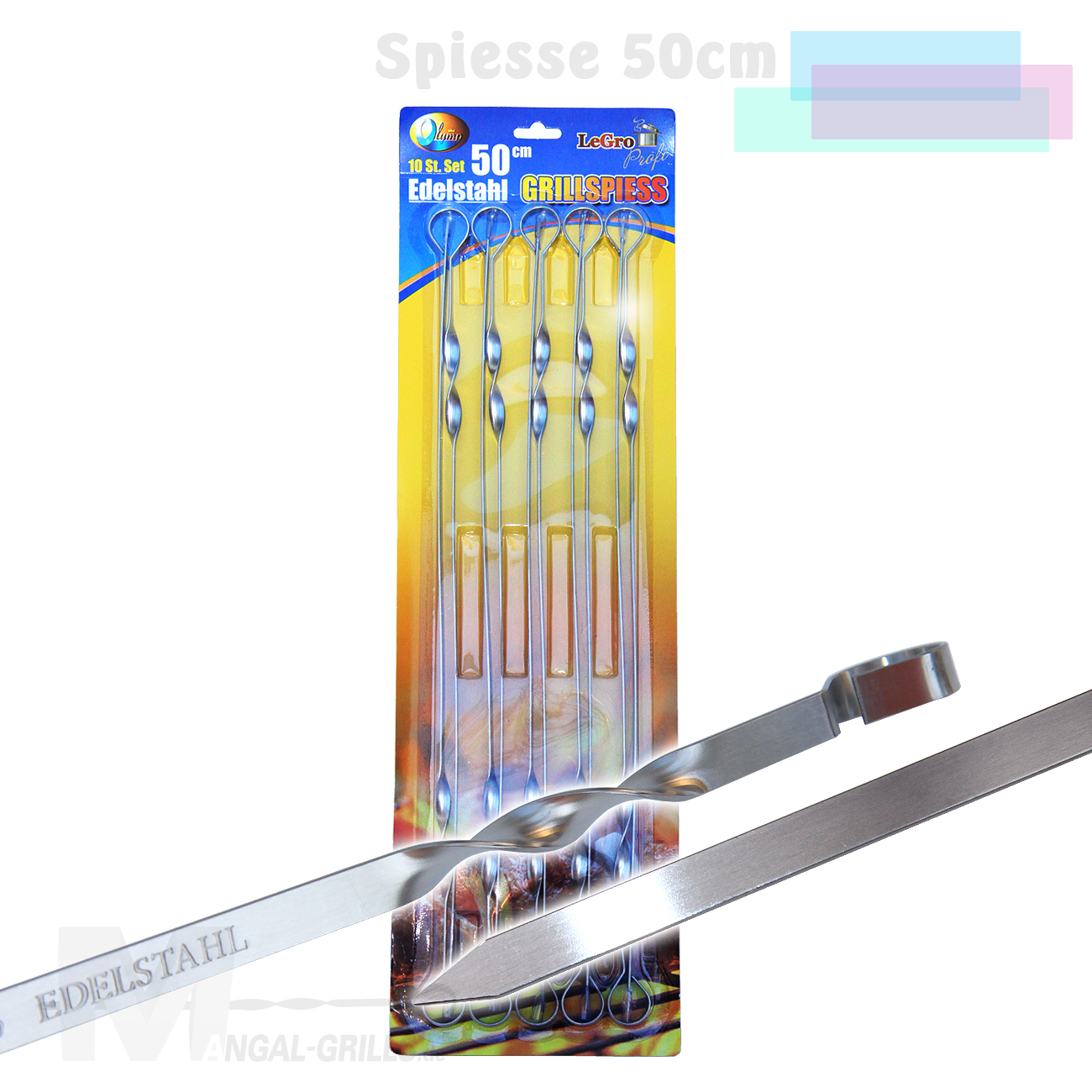 10 Mangal Grill Spieße im Blister - Edelstahl - Flachspieß 50 cm für Schaschlik