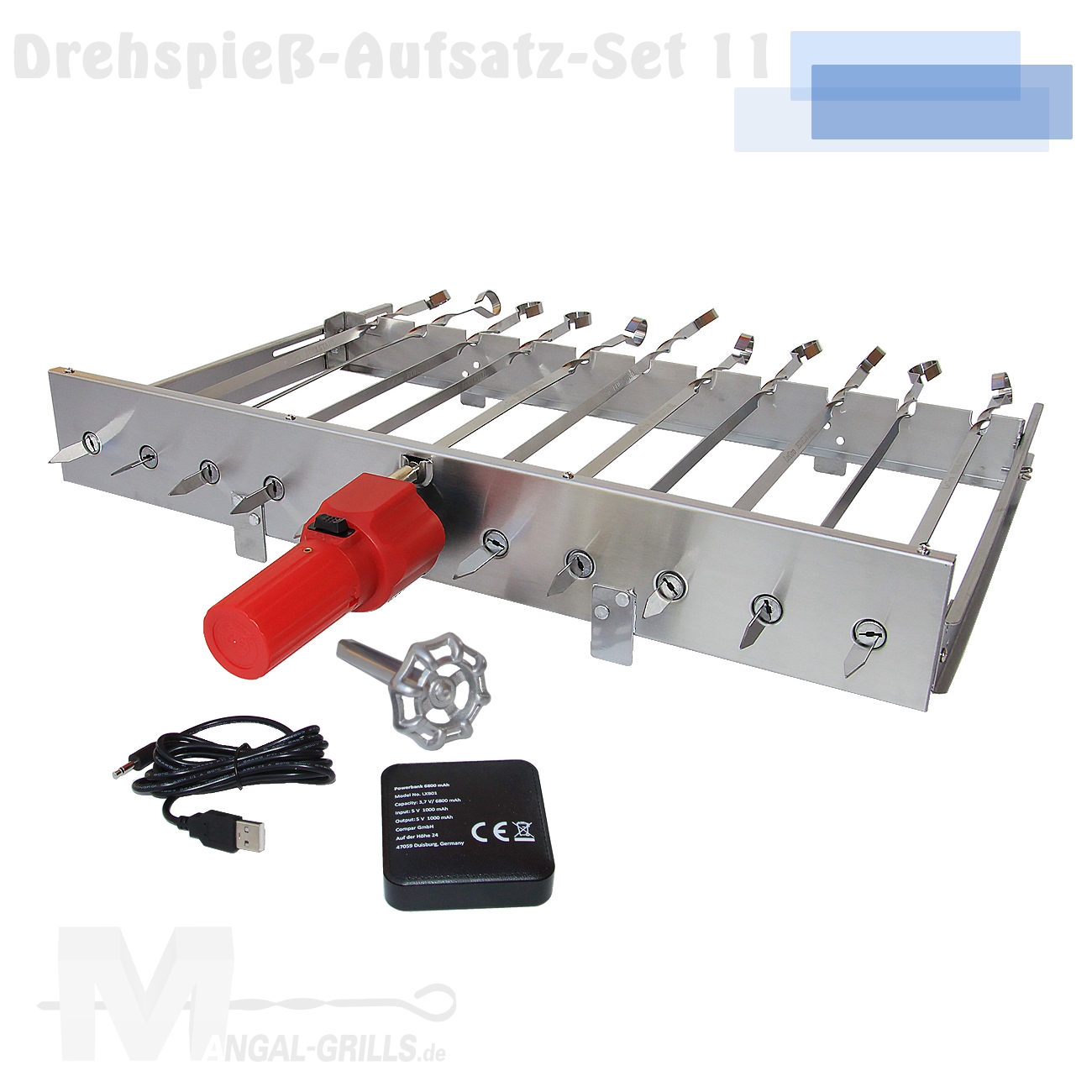 Drehspieß-Aufsatz-Set aus Edelstahl E11 für 11 Spieße - elektrisch mit Motor, Powerbank und Spießen