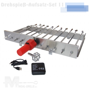 Drehspieß-Aufsatz-Set aus Edelstahl E11 für 11 Spieße - elektrisch mit Motor, Powerbank und Spießen Drehspieß-Aufsatz-Set aus Edelstahl E11 für 11 Spieße - elektrisch mit Motor, Powerbank und Spießen