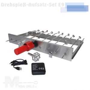 Drehspieß-Aufsatz-Set aus Edelstahl E9 für 9 Spieße - elektrisch mit Motor und Powerbank